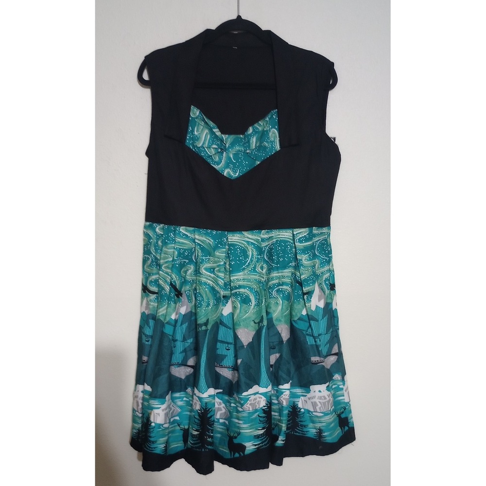 Retro Northern Lights Mountain Scene Fit Flare Dress Teal Black XXXL